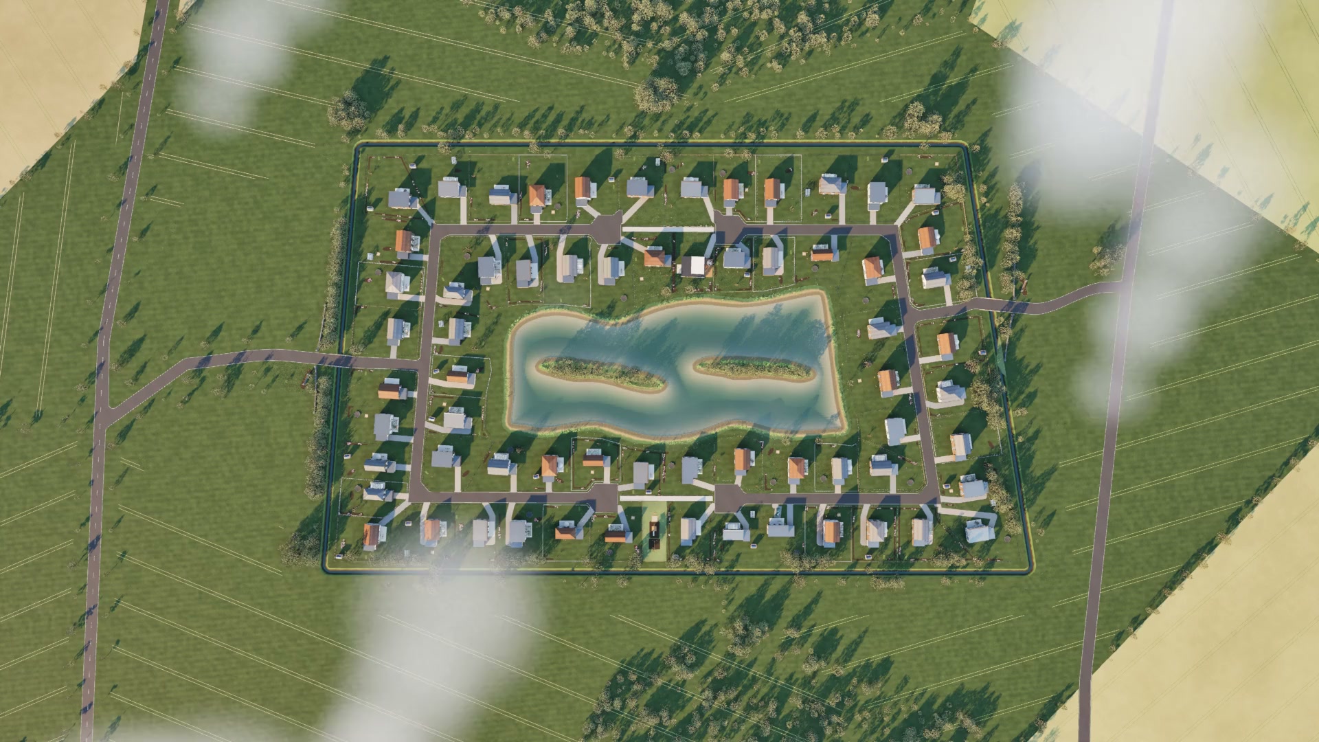 Draufsicht des Quartiers: Grundstücke rund um den See mit seinen beiden Inseln.